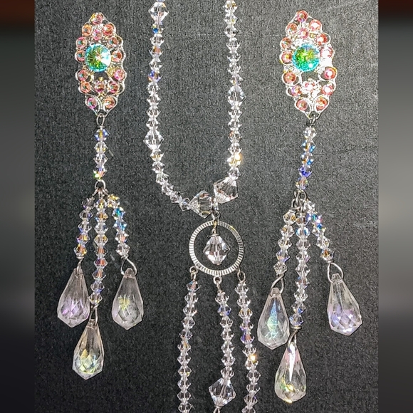 Vintage Clear & Watermelon Aurora Borealis Crystal Drop Necklace & Earring Set - Picture 7 of 7